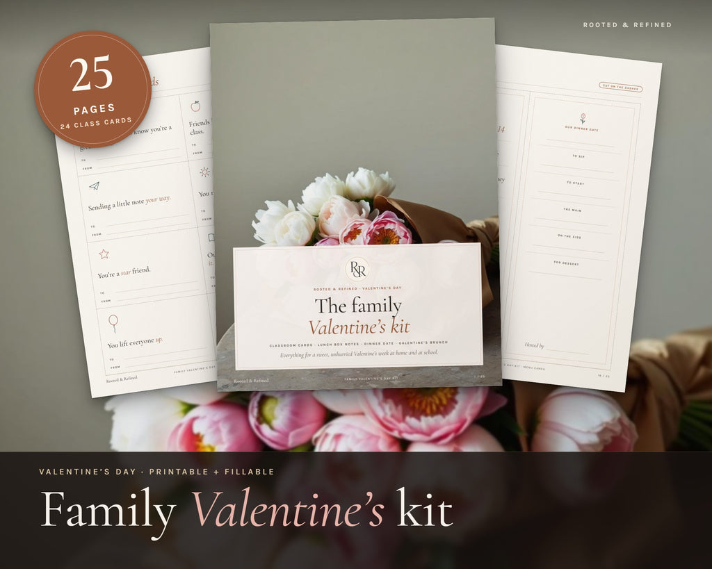 Valentine's Day Family Kit printable from Rooted & Refined: cover preview with the printed pages styled on a table