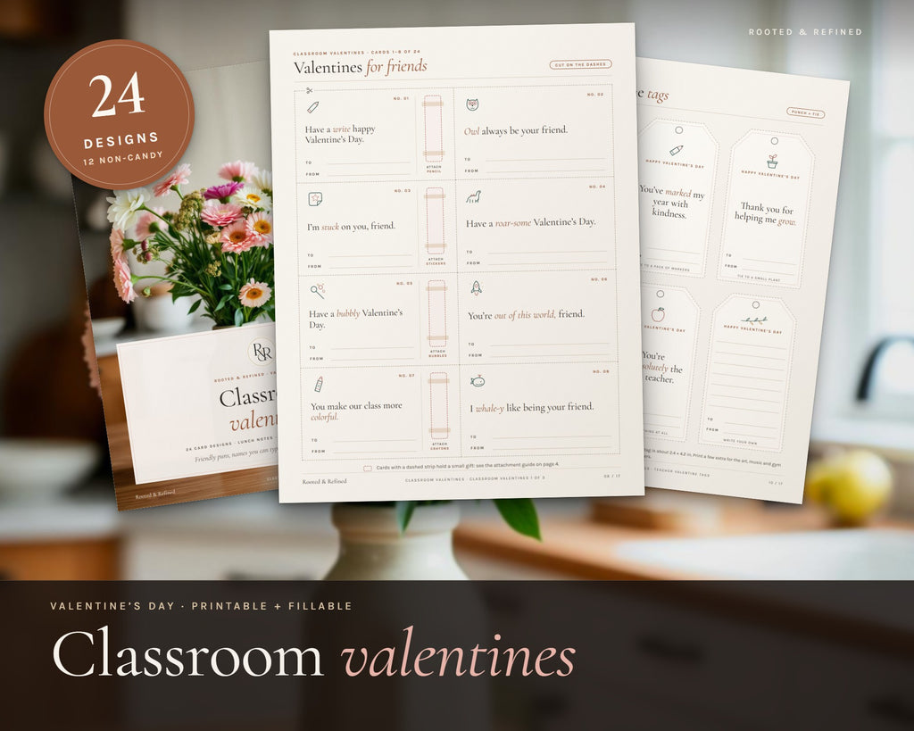 Classroom Valentine Cards for Kids printable from Rooted & Refined: cover preview with the printed pages styled on a table
