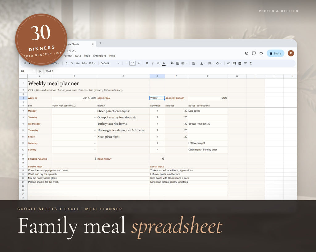 Meal Planner Google Sheets printable from Rooted & Refined: cover preview with the printed pages styled on a table