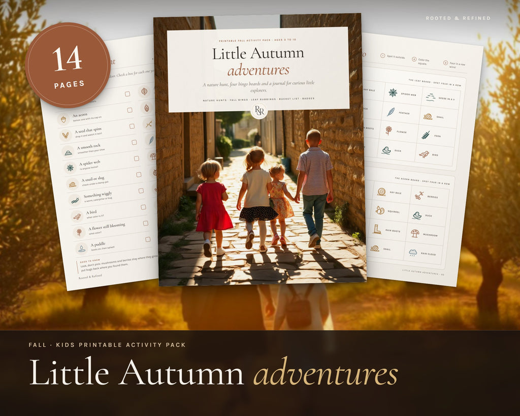 Fall Nature Scavenger Hunt for Kids printable from Rooted & Refined: cover preview with the printed pages styled on a table