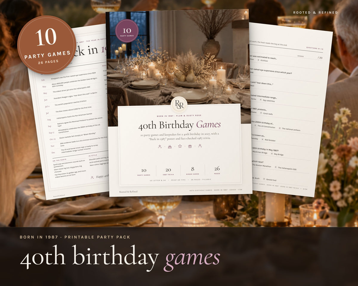 40th Birthday Party Games printable from Rooted & Refined: cover preview with the printed pages styled on a table