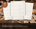 Halloween Lunch Box Notes for Kids printable from Rooted & Refined: cover preview with the printed pages styled on a table