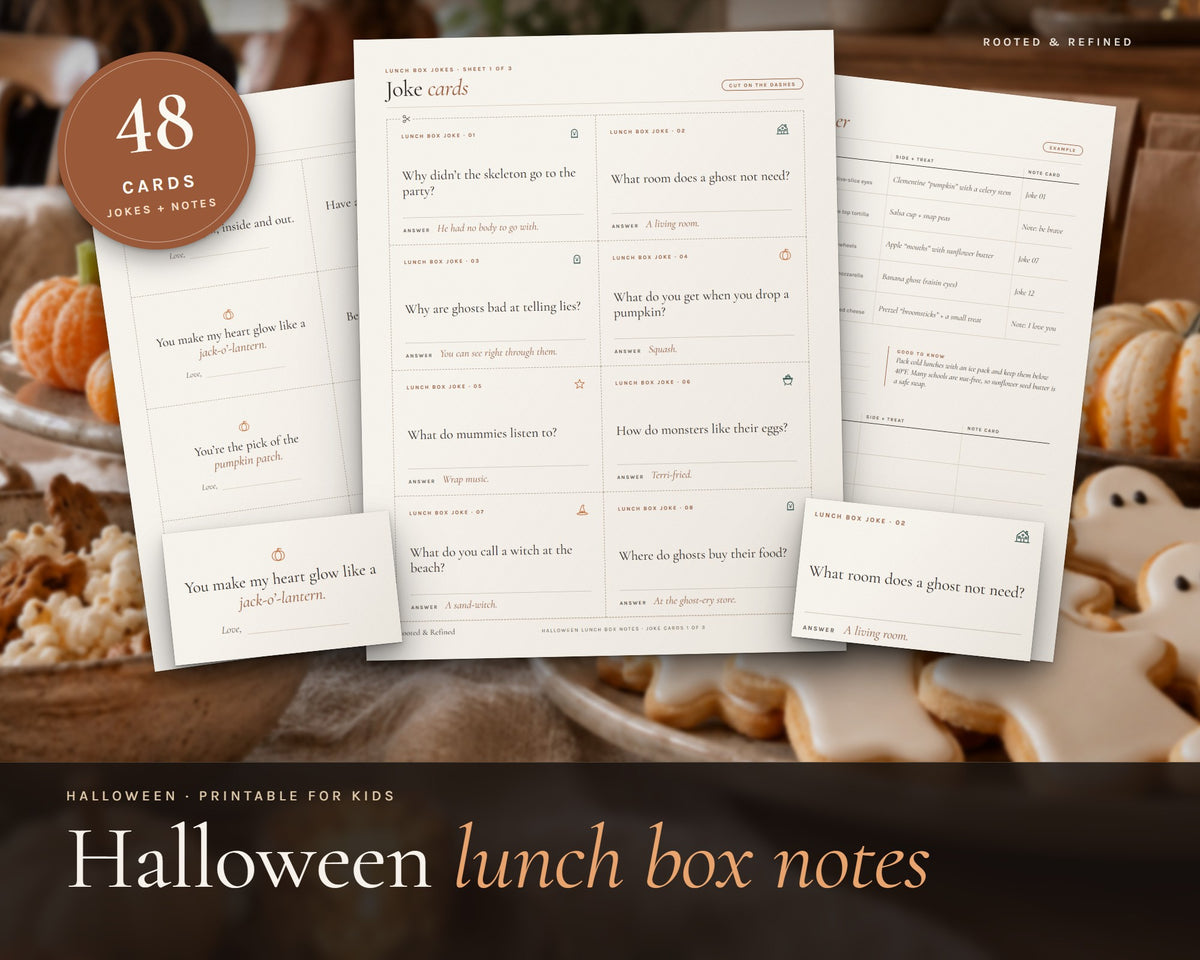 Halloween Lunch Box Notes for Kids printable from Rooted & Refined: cover preview with the printed pages styled on a table