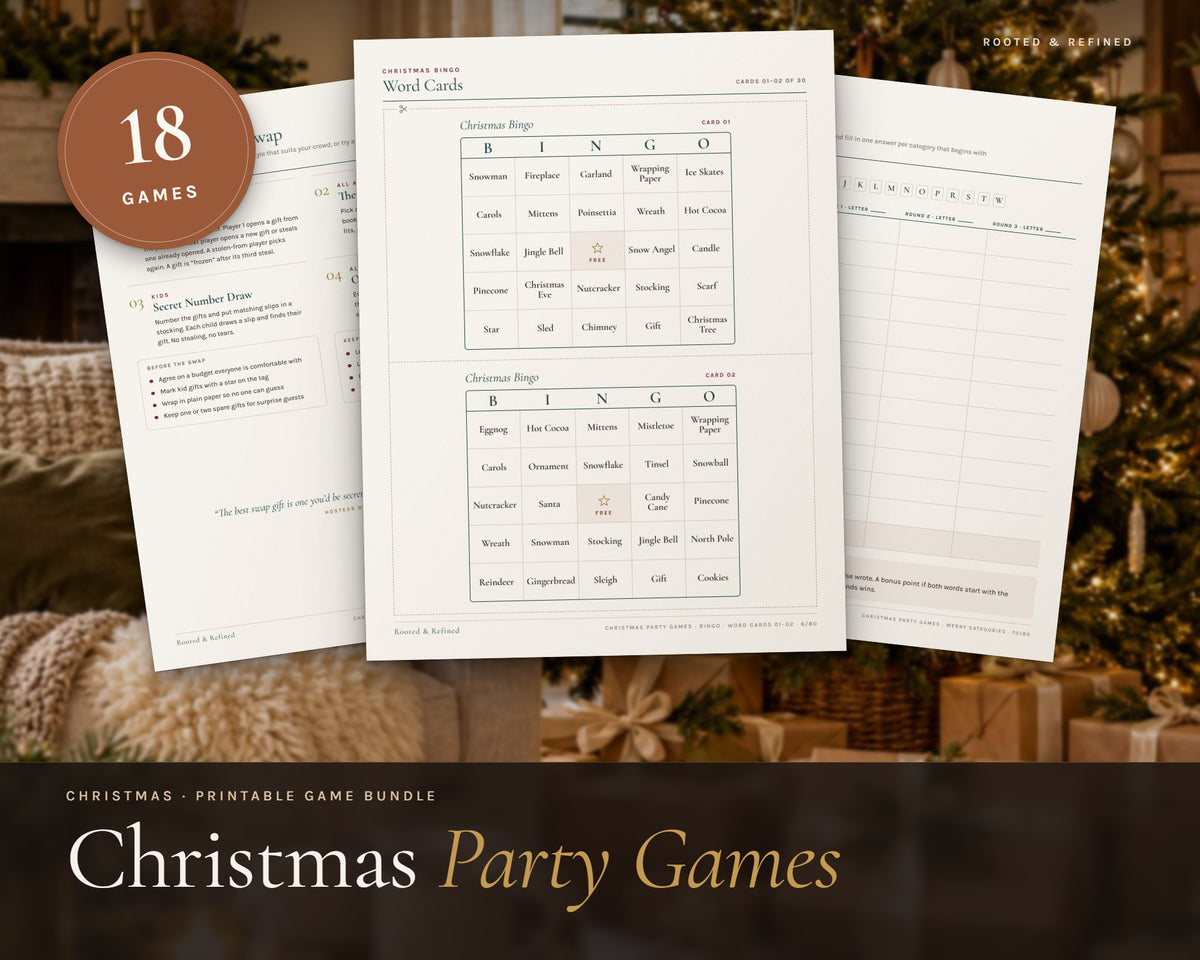 Christmas Games Bundle printable from Rooted & Refined: cover preview with the printed pages styled on a table