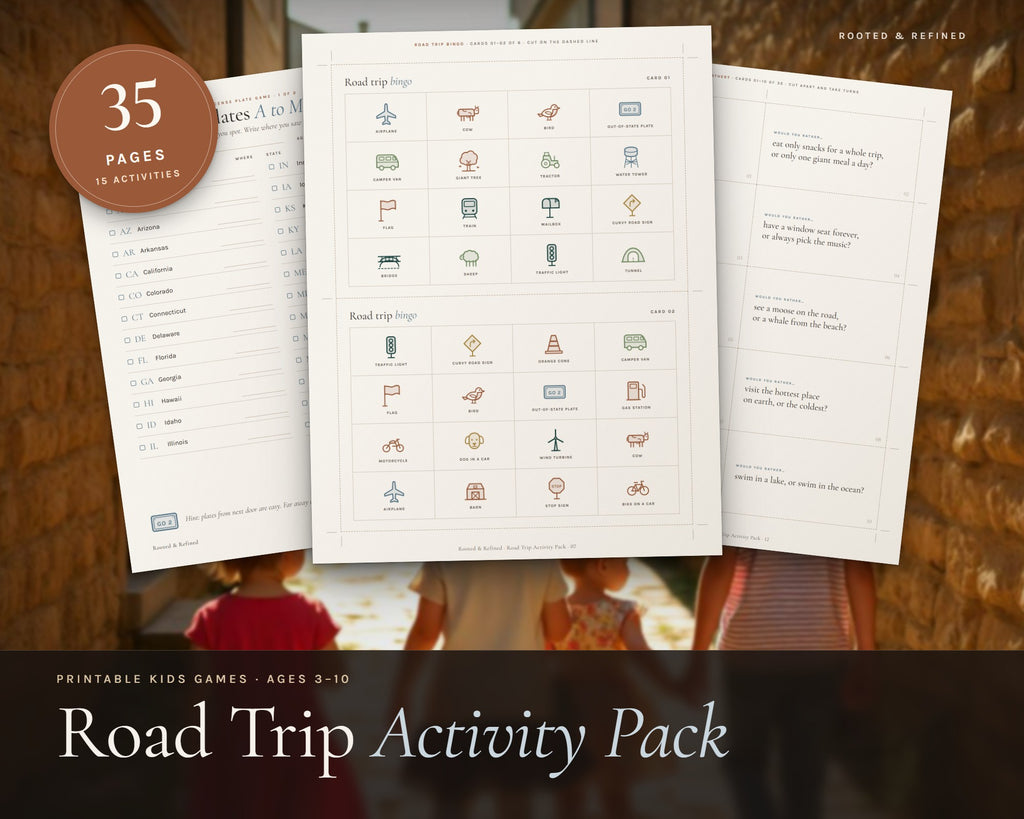 Road Trip Activity Pack for Kids printable from Rooted & Refined: cover preview with the printed pages styled on a table