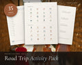 Road Trip Activity Pack for Kids printable from Rooted & Refined: cover preview with the printed pages styled on a table