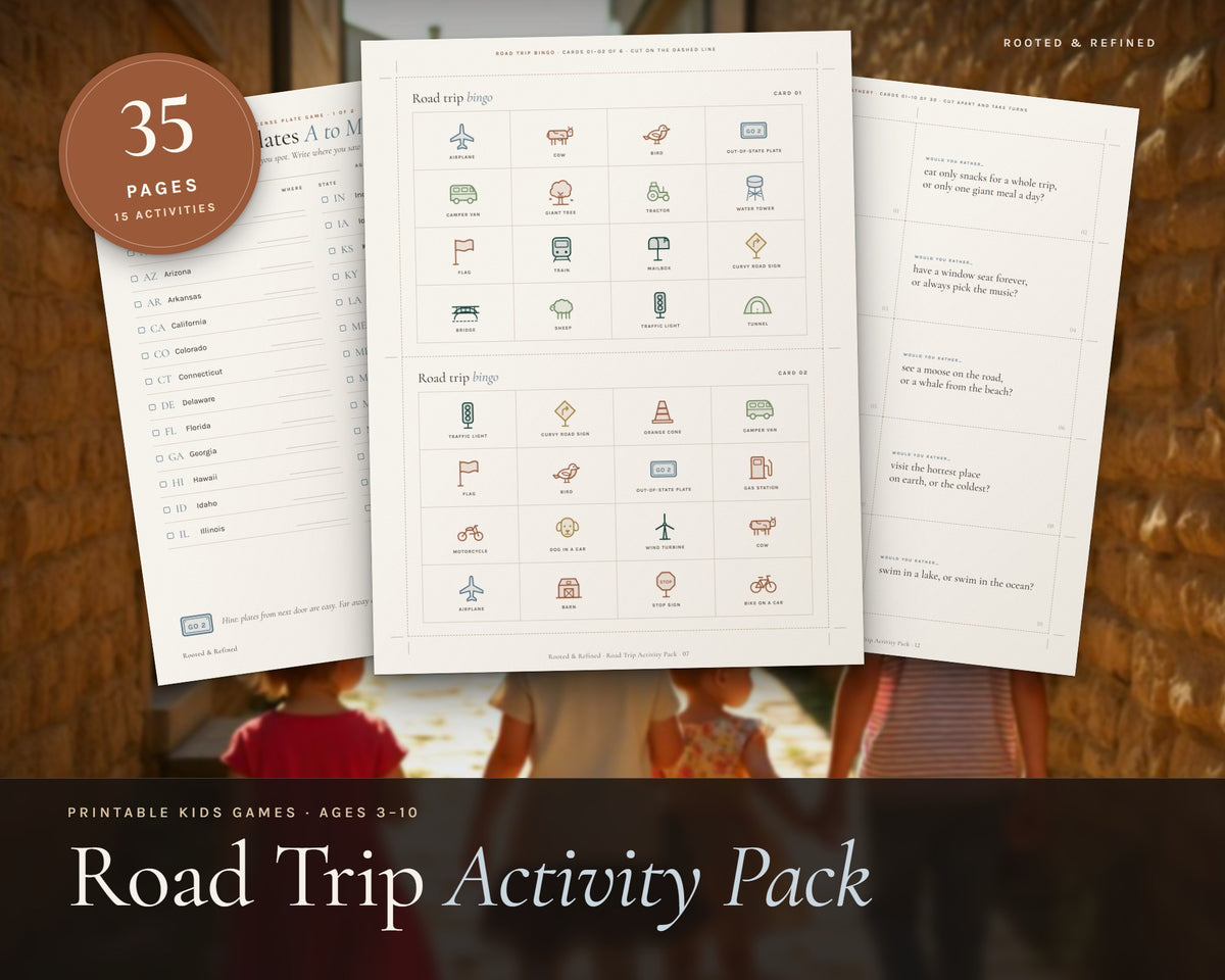 Road Trip Activity Pack for Kids printable from Rooted & Refined: cover preview with the printed pages styled on a table