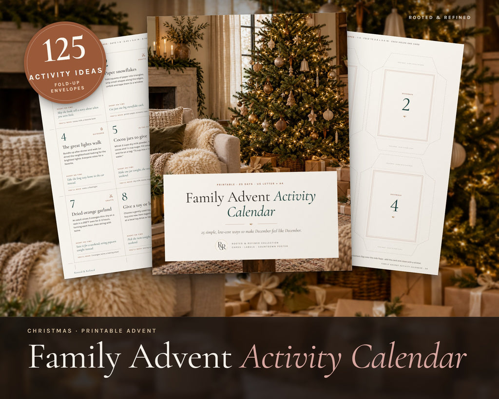 Advent Calendar Activity Cards printable from Rooted & Refined: cover preview with the printed pages styled on a table