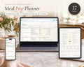 Meal Prep Planner printable from Rooted & Refined: cover preview with the printed pages styled on a table