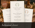 Rehearsal Dinner Kit printable from Rooted & Refined: cover preview with the printed pages styled on a table