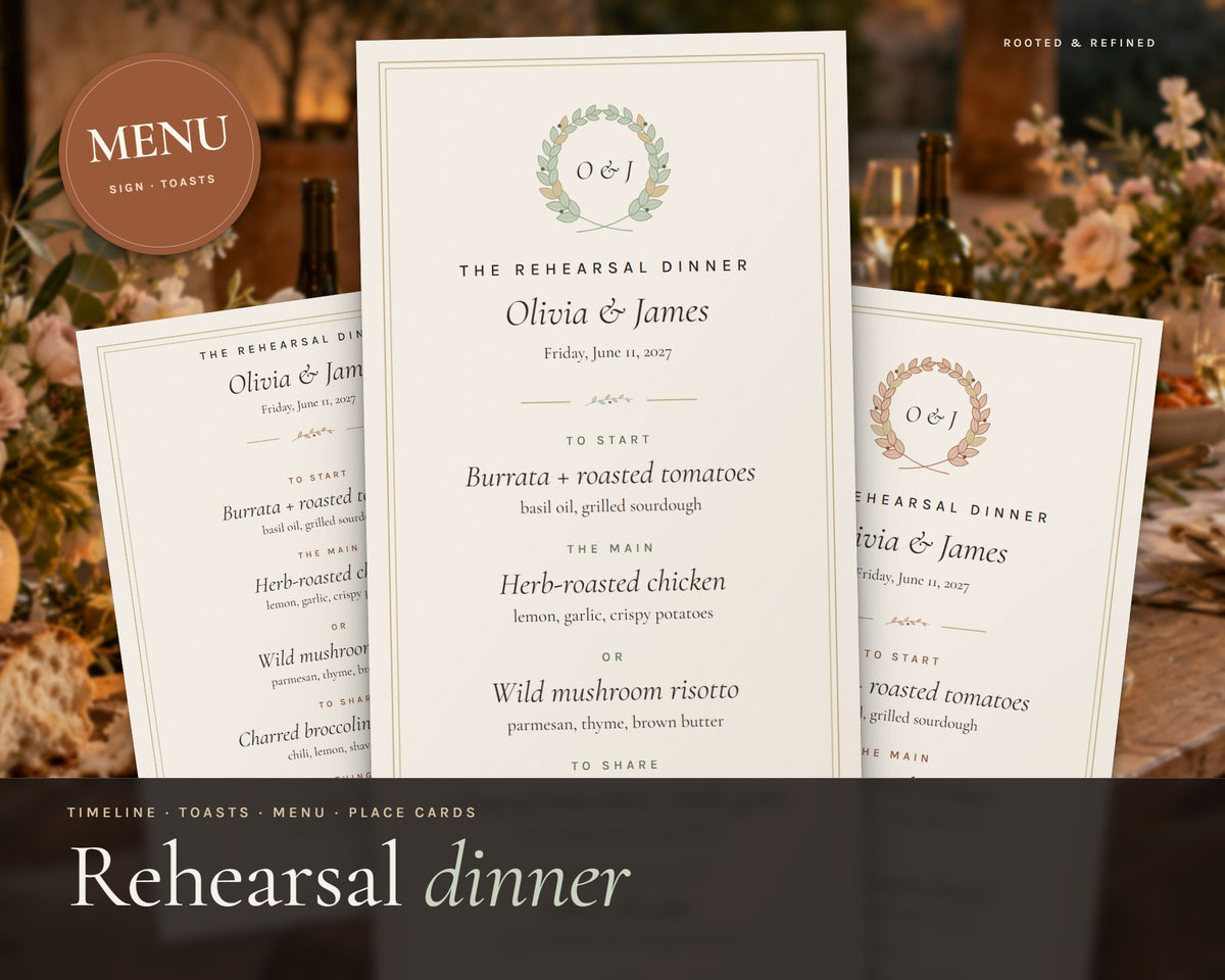 Rehearsal Dinner Kit printable from Rooted & Refined: cover preview with the printed pages styled on a table