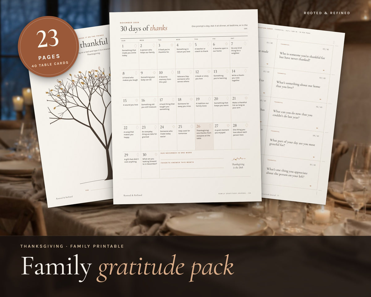 Thanksgiving Gratitude Journal for Kids and Family printable from Rooted & Refined: cover preview with the printed pages styled on a table