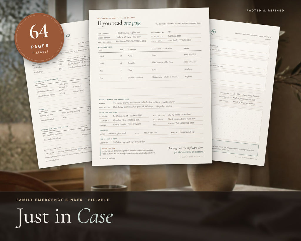 Emergency Binder printable from Rooted & Refined: cover preview with the printed pages styled on a table