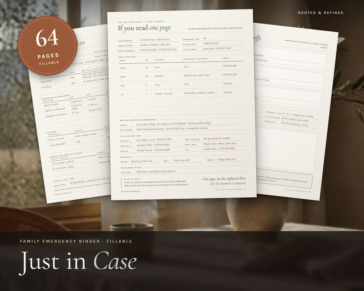 Emergency Binder printable from Rooted & Refined: cover preview with the printed pages styled on a table