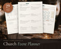 Church Event Planner printable from Rooted & Refined: cover preview with the printed pages styled on a table
