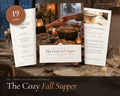 Fall Dinner Party Planner printable from Rooted & Refined: cover preview with the printed pages styled on a table