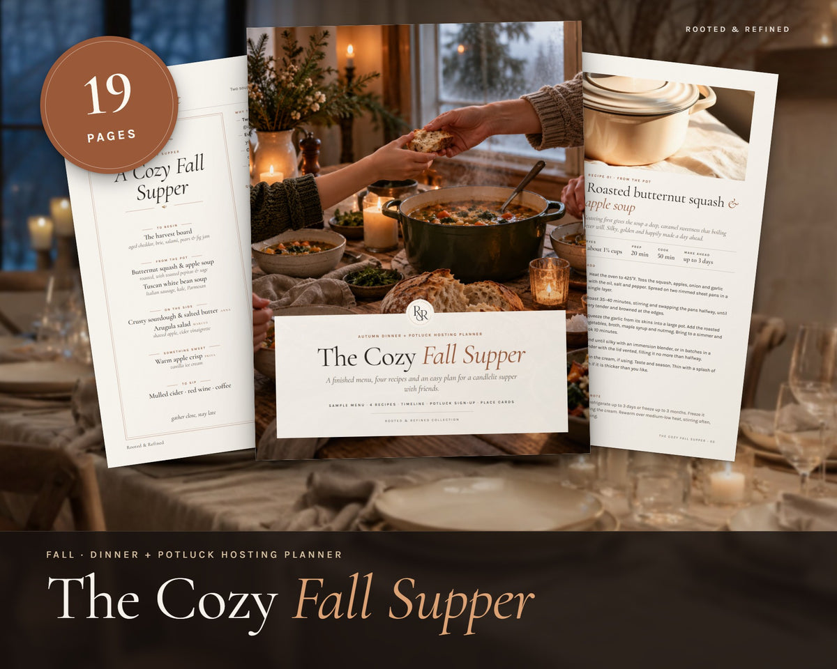 Fall Dinner Party Planner printable from Rooted & Refined: cover preview with the printed pages styled on a table