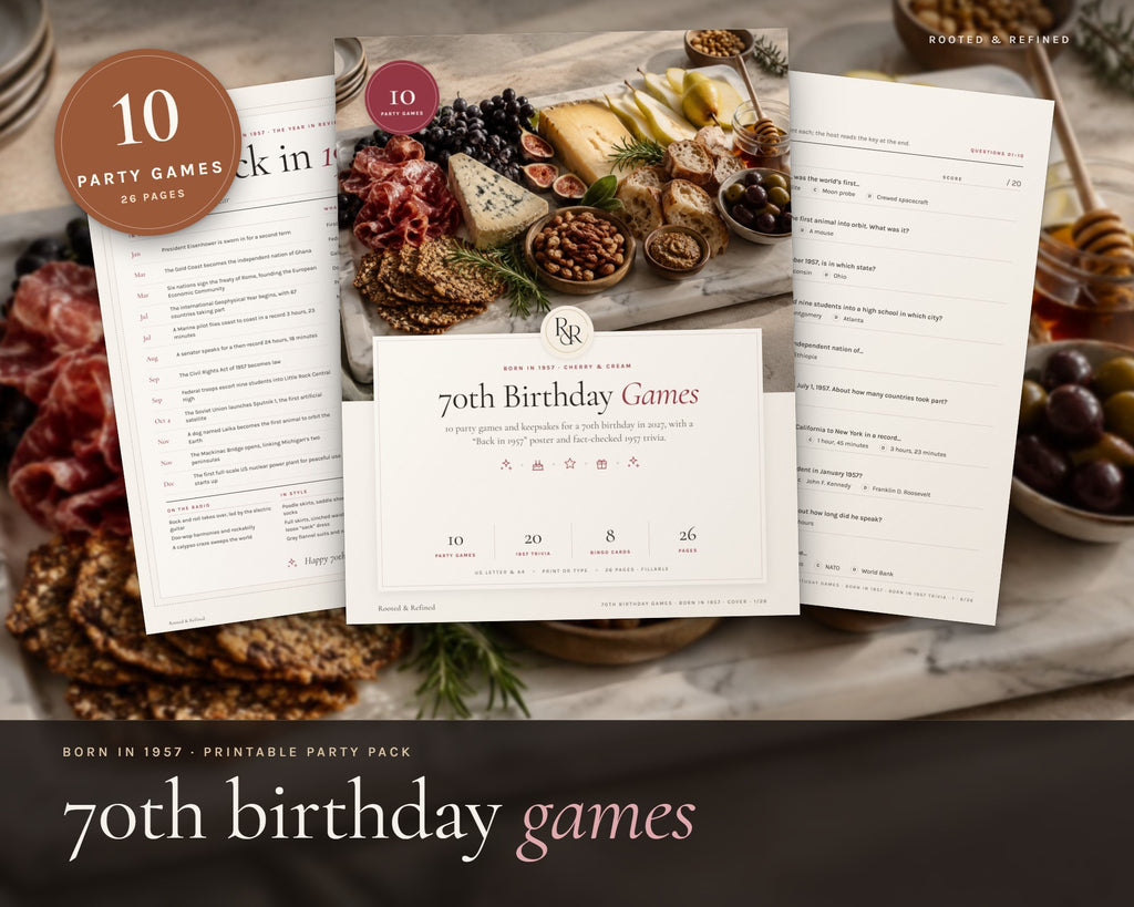 70th Birthday Party Games printable from Rooted & Refined: cover preview with the printed pages styled on a table