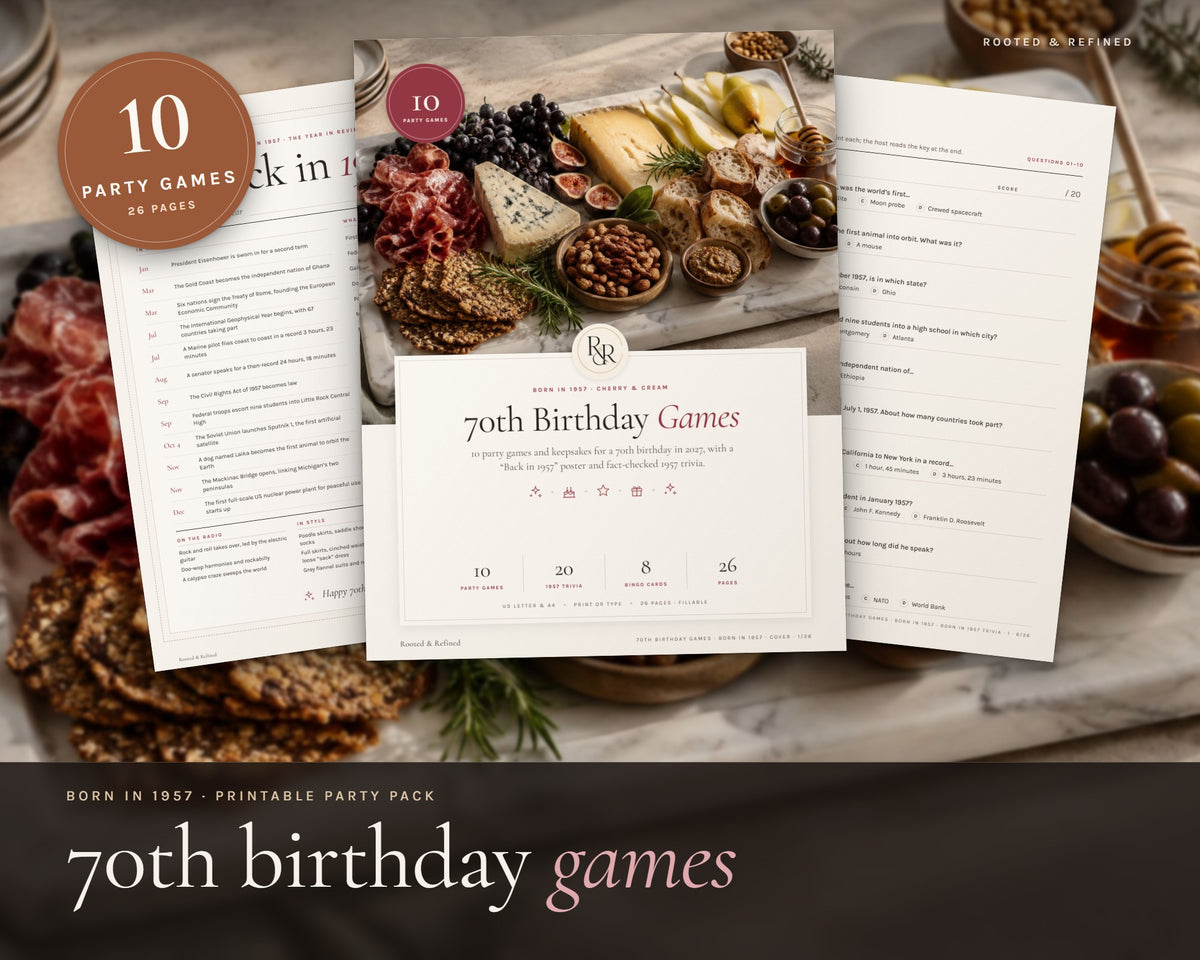 70th Birthday Party Games printable from Rooted & Refined: cover preview with the printed pages styled on a table