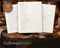 Halloween Trivia Game printable from Rooted & Refined: cover preview with the printed pages styled on a table