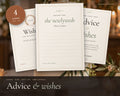 Wedding Advice Cards printable from Rooted & Refined: cover preview with the printed pages styled on a table