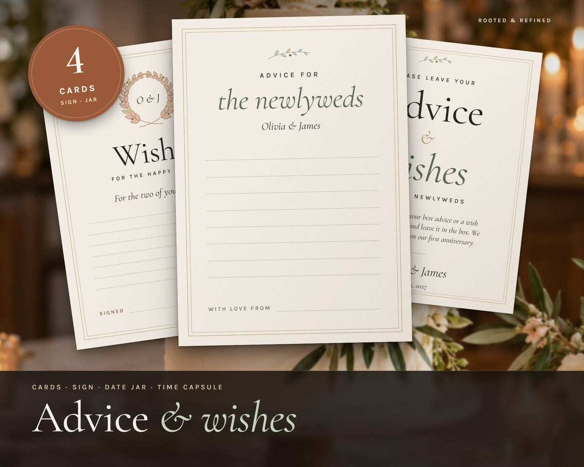 Wedding Advice Cards printable from Rooted & Refined: cover preview with the printed pages styled on a table