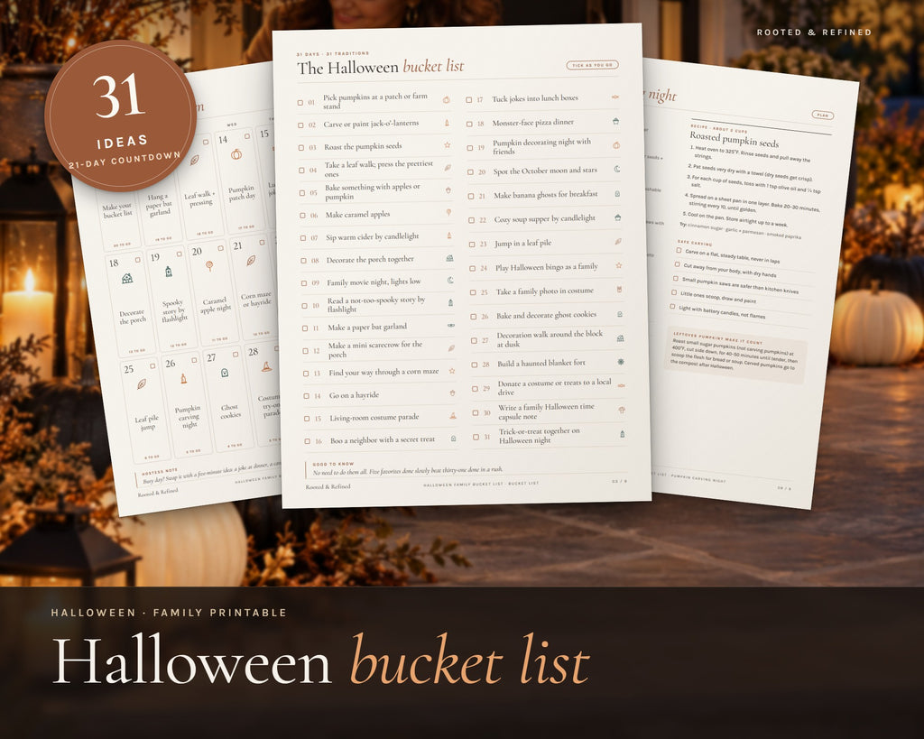 Halloween Bucket List printable from Rooted & Refined: cover preview with the printed pages styled on a table