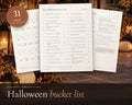 Halloween Bucket List printable from Rooted & Refined: cover preview with the printed pages styled on a table