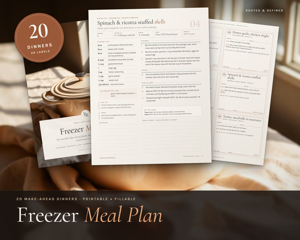 Freezer Meal Plan printable from Rooted & Refined: cover preview with the printed pages styled on a table