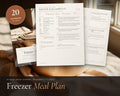 Freezer Meal Plan printable from Rooted & Refined: cover preview with the printed pages styled on a table