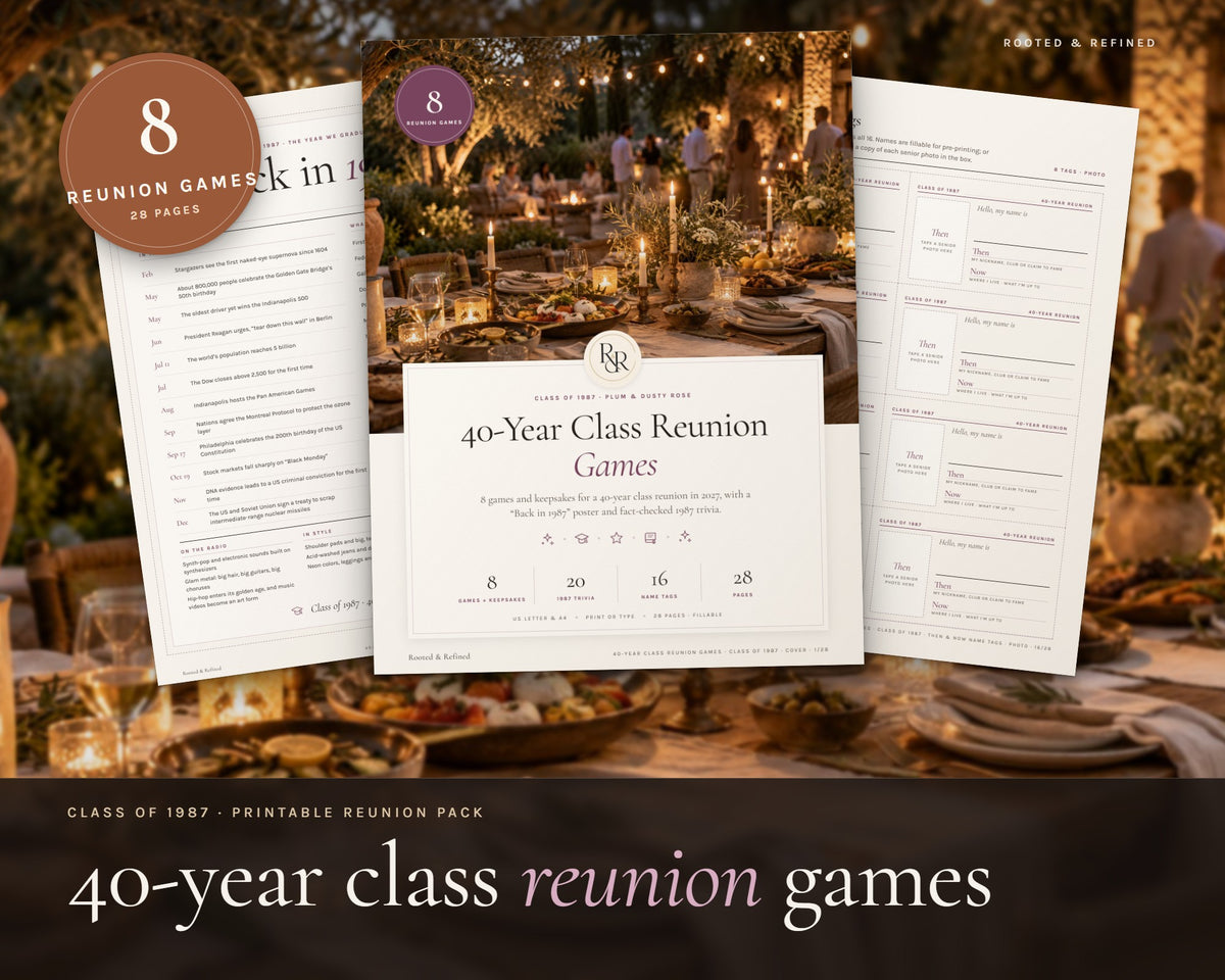 40 Year Reunion Games printable from Rooted & Refined: cover preview with the printed pages styled on a table