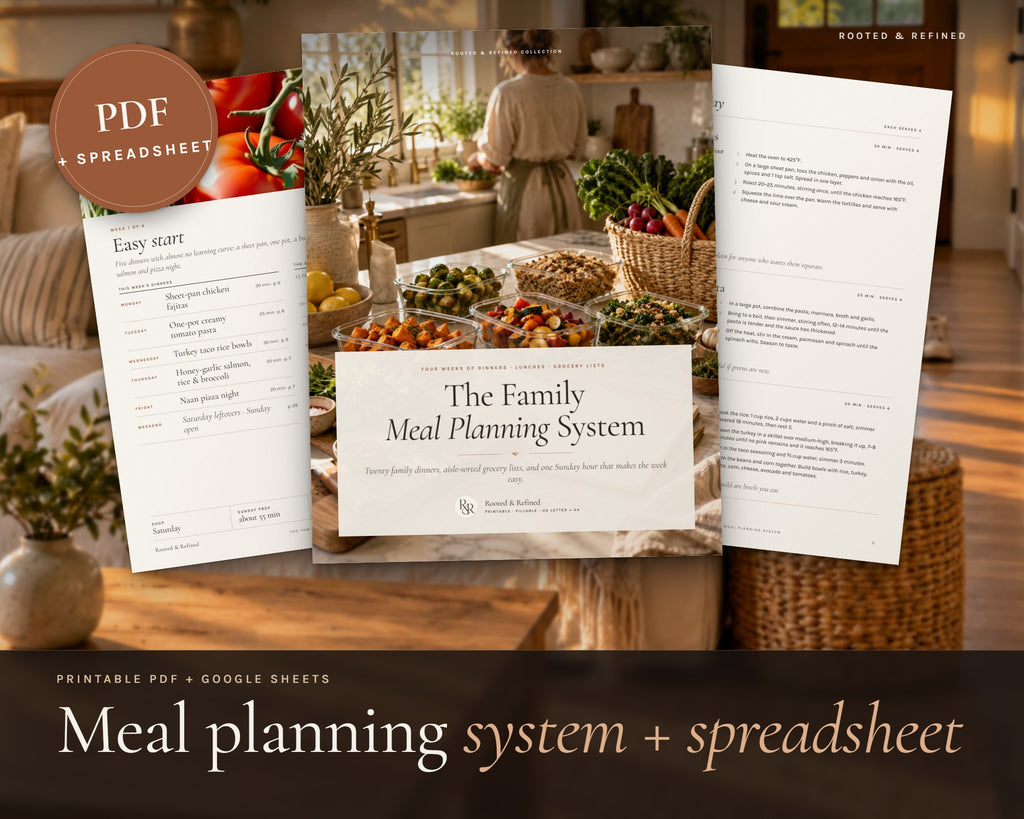 Family Meal Planner Bundle printable from Rooted & Refined: cover preview with the printed pages styled on a table
