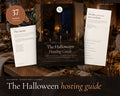 The Halloween Hosting Guide printable from Rooted & Refined: cover preview with the printed pages styled on a table