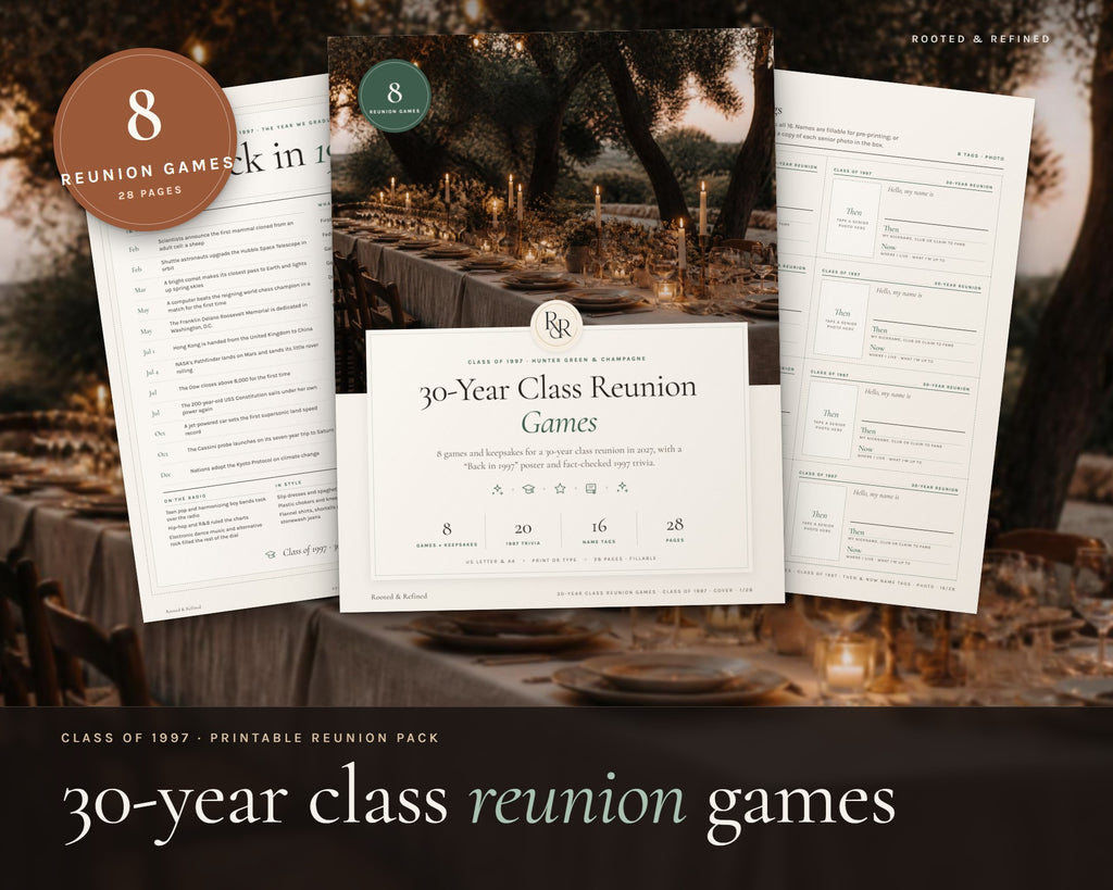 30 Year Reunion Games printable from Rooted & Refined: cover preview with the printed pages styled on a table