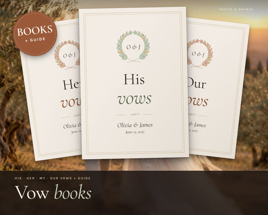Wedding Vow Books printable from Rooted & Refined: cover preview with the printed pages styled on a table