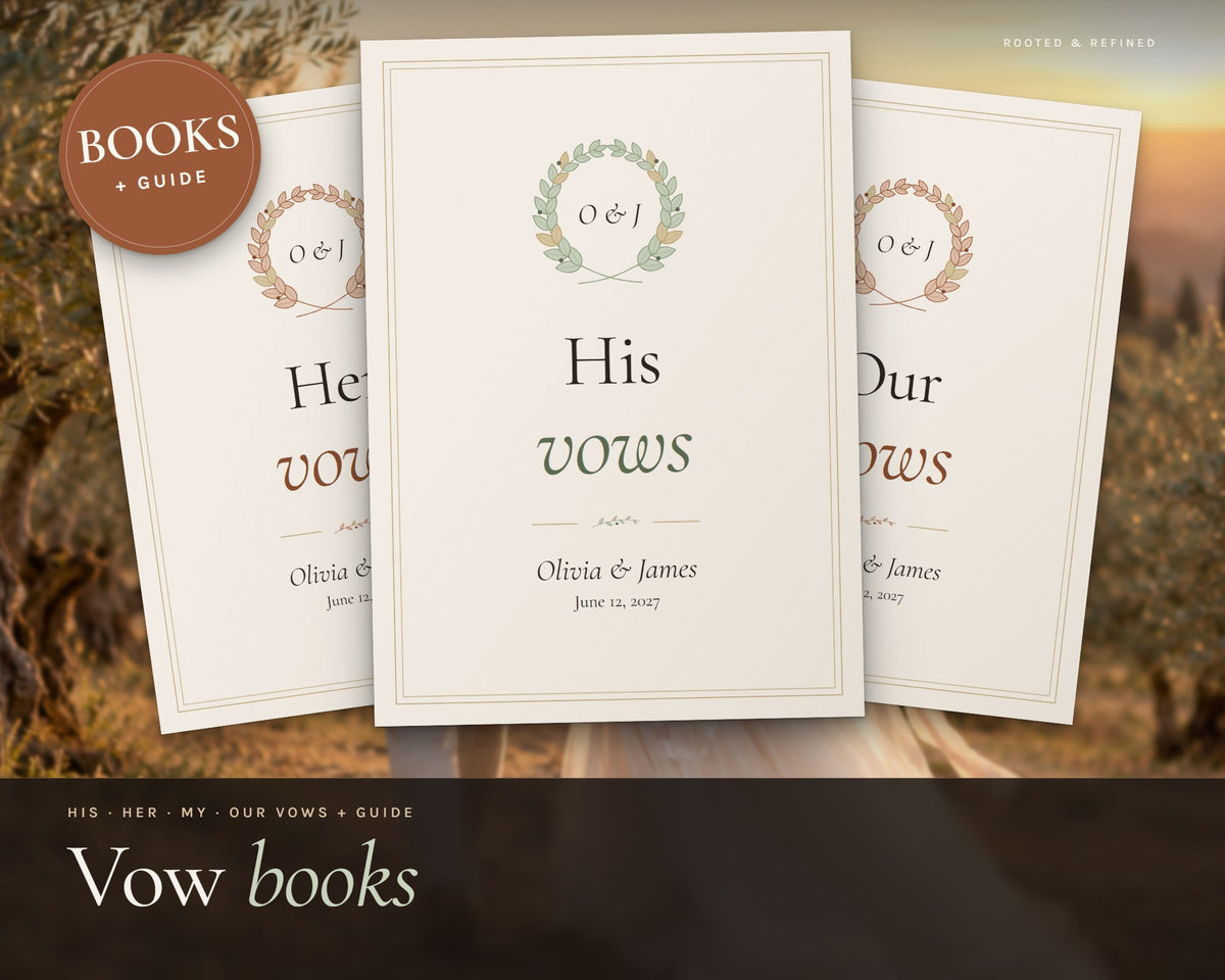 Wedding Vow Books printable from Rooted & Refined: cover preview with the printed pages styled on a table