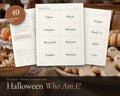 Halloween Who Am I Headband Game printable from Rooted & Refined: cover preview with the printed pages styled on a table