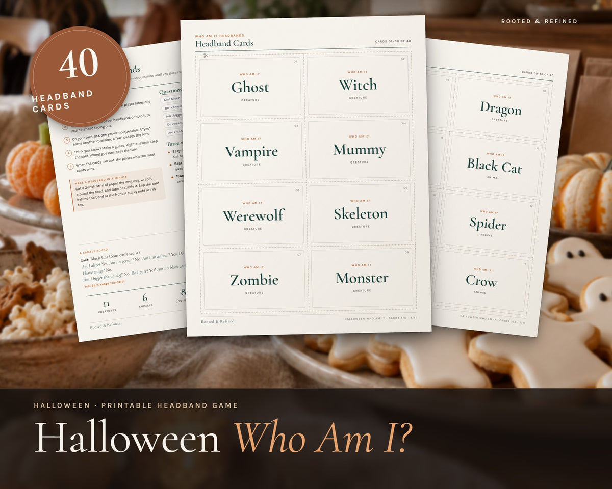 Halloween Who Am I Headband Game printable from Rooted & Refined: cover preview with the printed pages styled on a table