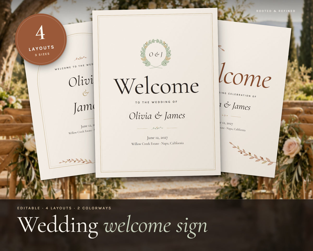 Wedding Welcome Sign printable from Rooted & Refined: cover preview with the printed pages styled on a table