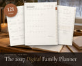 2027 Digital Family Planner printable from Rooted & Refined: cover preview with the printed pages styled on a table