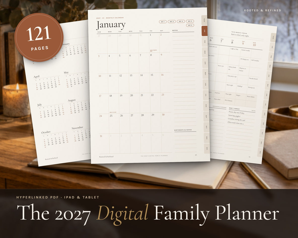 2027 Digital Family Planner printable from Rooted & Refined: cover preview with the printed pages styled on a table