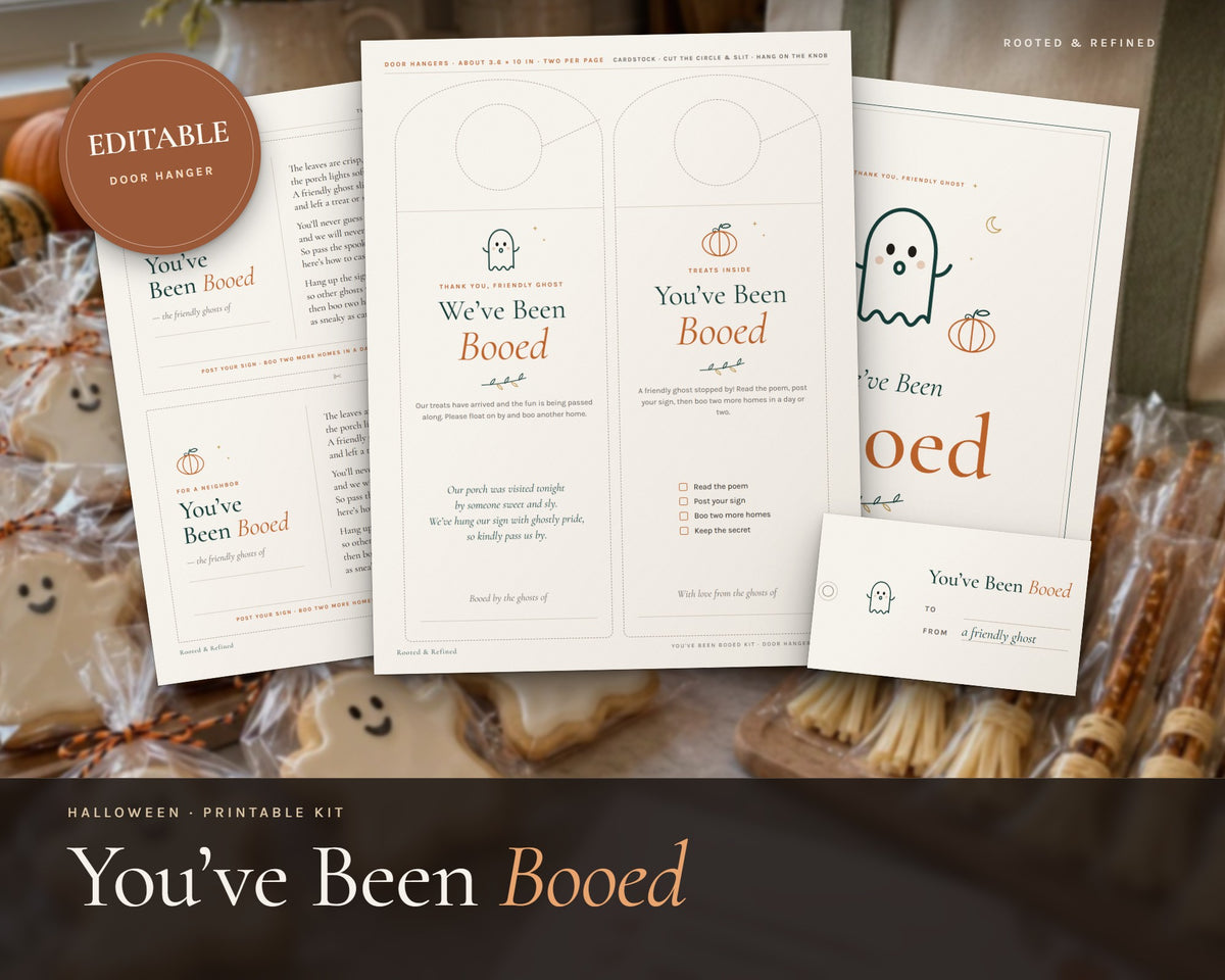 You've Been Booed Printable Kit printable from Rooted & Refined: cover preview with the printed pages styled on a table