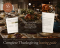 The Complete Thanksgiving Hosting Guide printable from Rooted & Refined: cover preview with the printed pages styled on a table