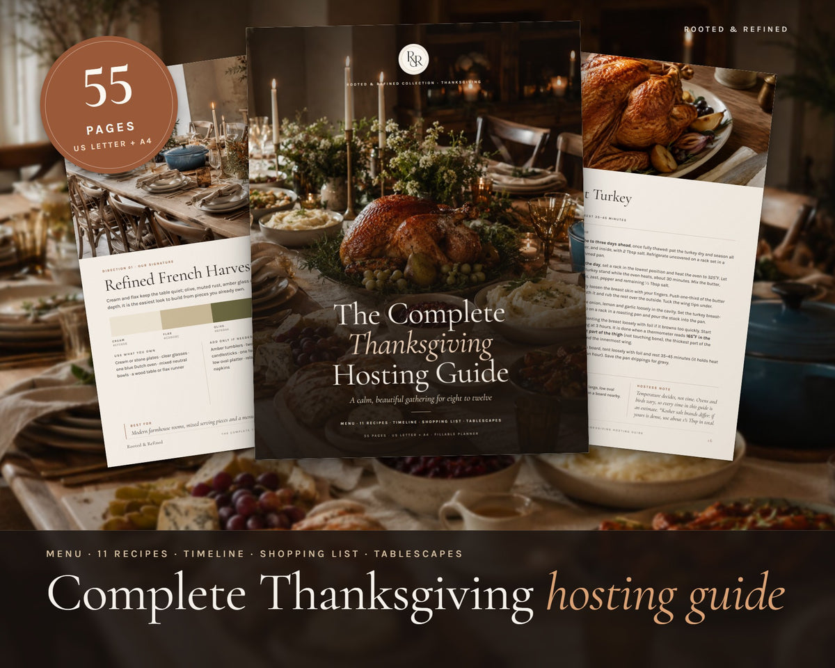 The Complete Thanksgiving Hosting Guide printable from Rooted & Refined: cover preview with the printed pages styled on a table