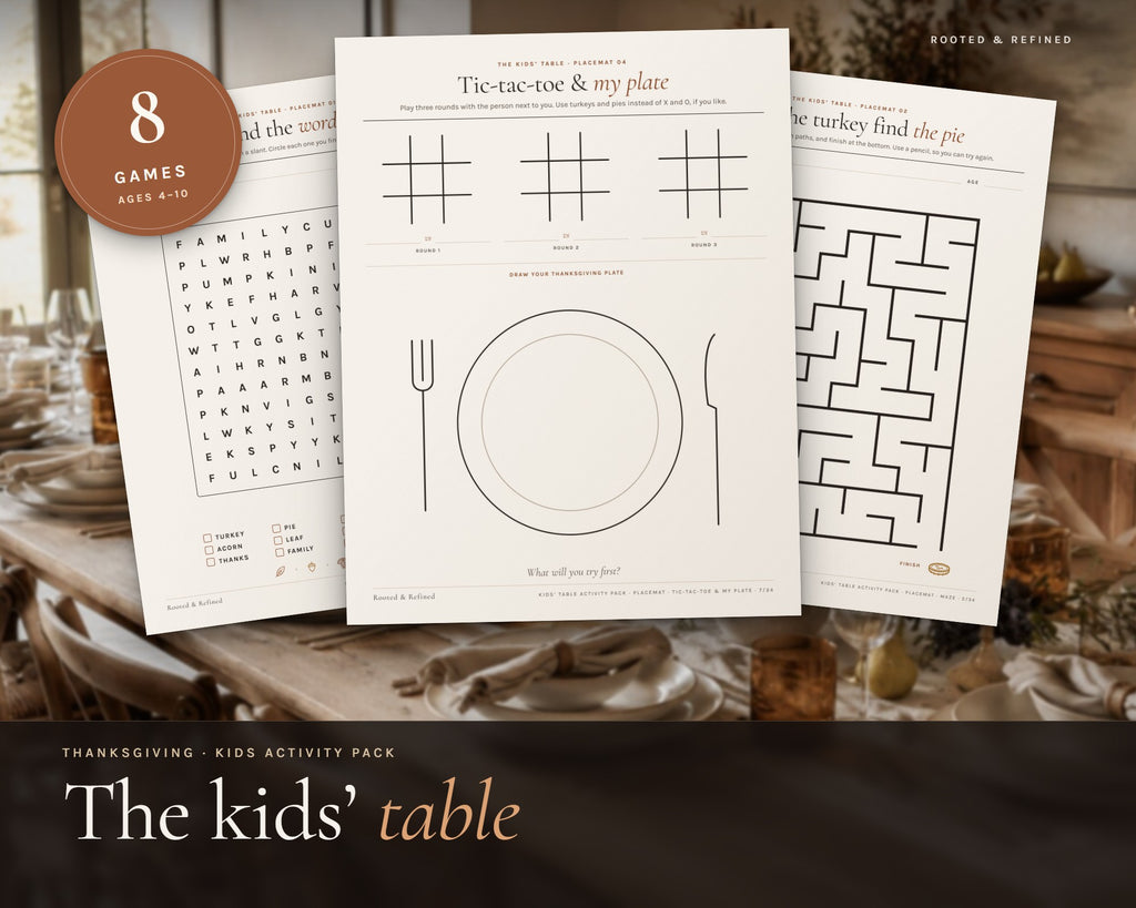 Thanksgiving Kids Activity Pack printable from Rooted & Refined: cover preview with the printed pages styled on a table