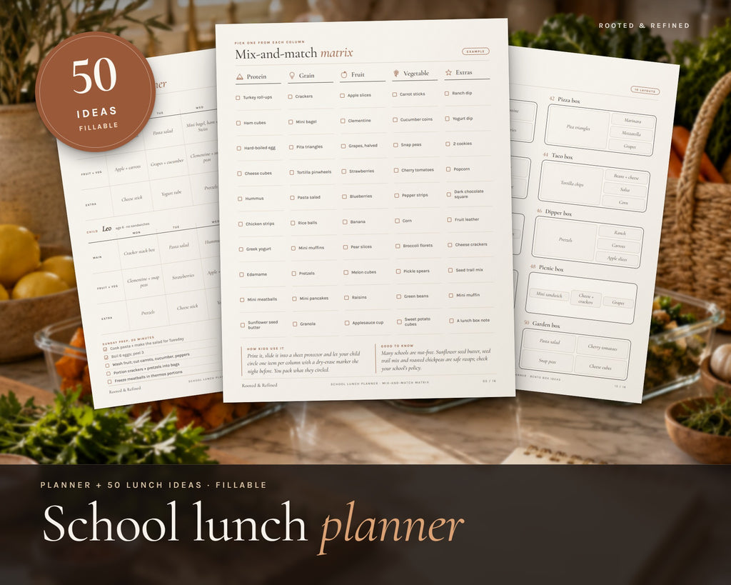 School Lunch Planner printable from Rooted & Refined: cover preview with the printed pages styled on a table