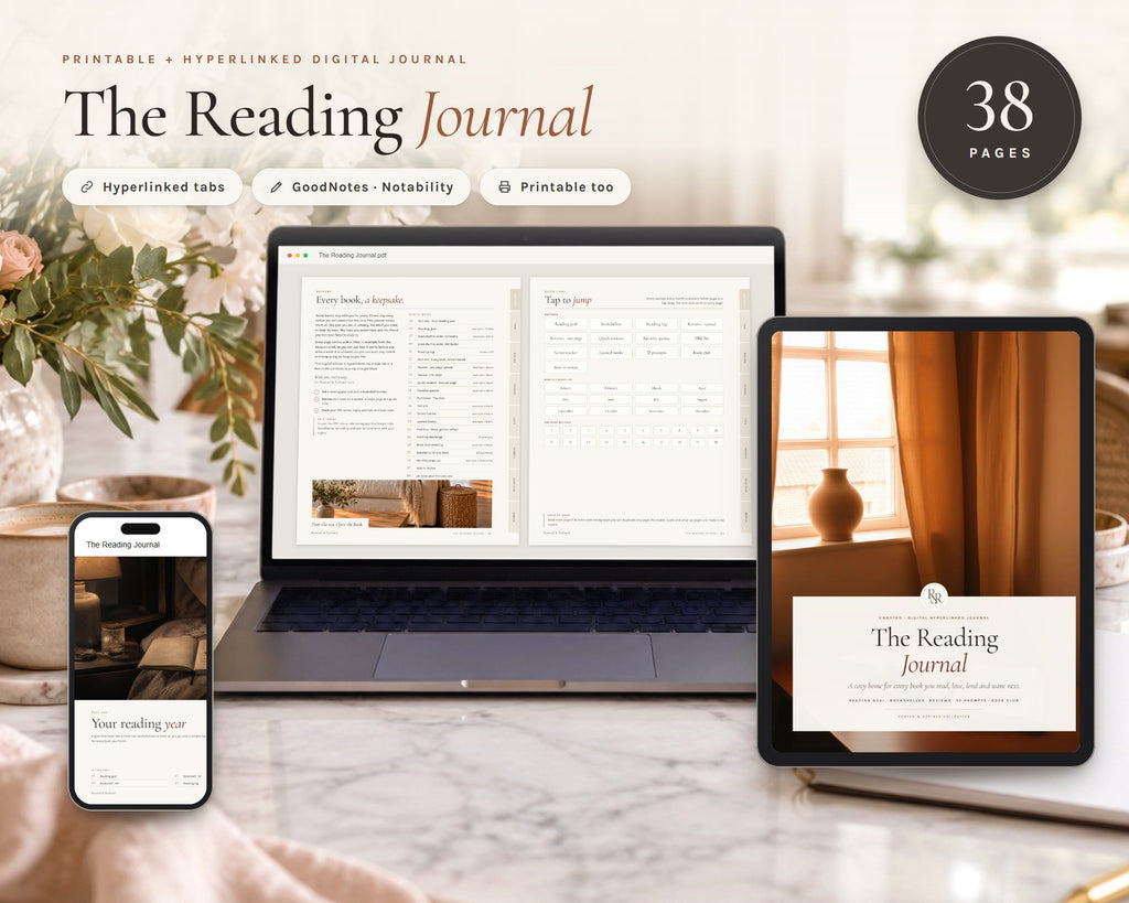 Reading Journal printable from Rooted & Refined: cover preview with the printed pages styled on a table