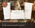 60th Anniversary Party Games printable from Rooted & Refined: cover preview with the printed pages styled on a table