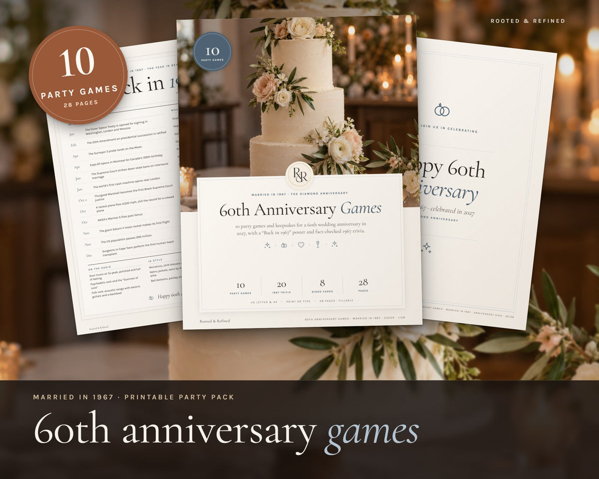 60th Anniversary Party Games printable from Rooted & Refined: cover preview with the printed pages styled on a table