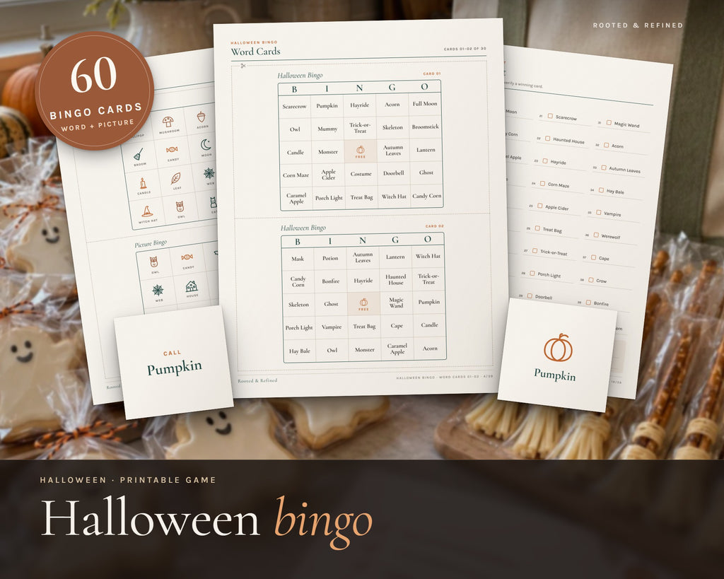 Halloween Bingo printable from Rooted & Refined: cover preview with the printed pages styled on a table